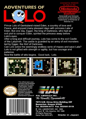 Adventures of Lolo (USA) box cover back